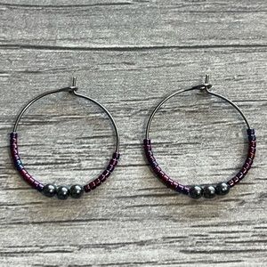 Seed bead hoop earrings with genuine Hematite.